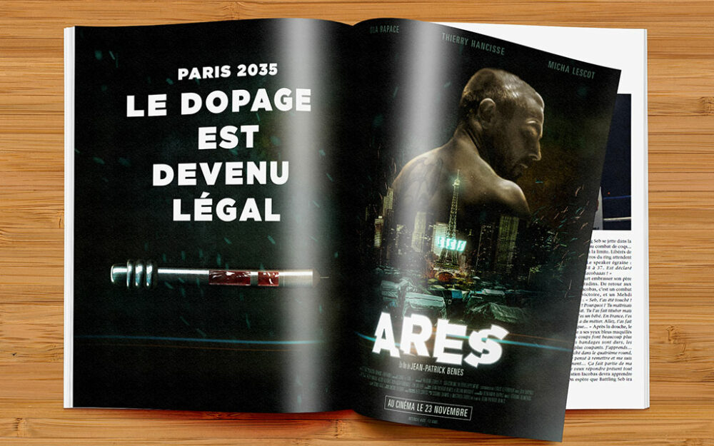 Mise en situation de l'affiche du film Ares et déclinaison dans un magazine